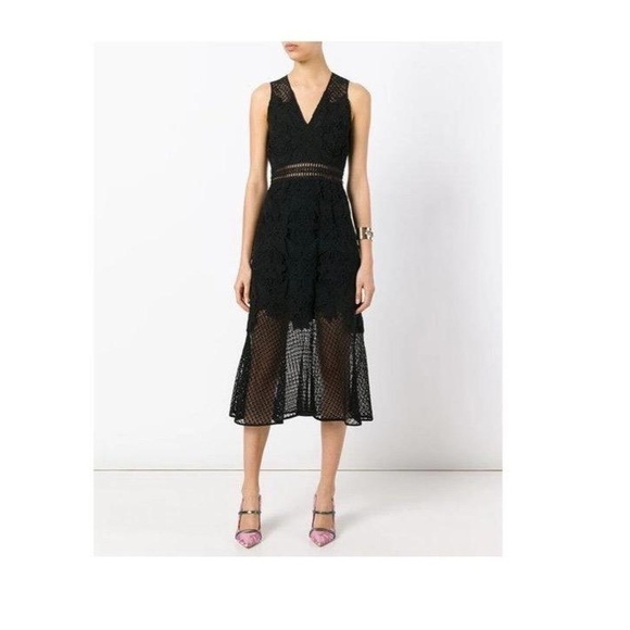 Tadashi Shoji Dress Lace Midi Trumpet Flare Hem Cocktail Formal Black Size 2 - Picture 1 of 16